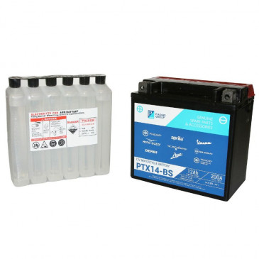 BATTERY 12V 12 Ah BTX14-BS "PIAGGIO GENUINE PART" 125-250-300-400-500 MP3, 250-400 X-EVO/GILERA 125-250-300 NEXUS, 800 GP/APRILIA 125 SR-MAX, 750-1200 DORSODURO, 850 MANA (lg150xL87xH145) -1R000319-