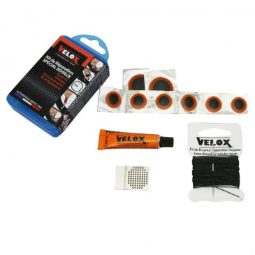 KIT REPARATION BOYAUX - BOITE (6 PATCHS 15mm + 2 PATCHS 25mm + COLLE 5g + RAPE ACIER) AVEC NOTICE 3660429135010