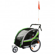 CHILDREN BICYCLE TRAILER - STROLLER - 2 SEATS- MAX LOAD 36Kgs GREEN WITH QUICK RELEASE 20" WHEELS (INCLUDED STROLLING WHEEL + PARKING BRAKE LEVER) quick assembly (no tools required)