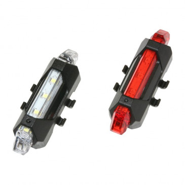 ECLAIRAGE VELO USB KIT LENS SUR CINTRE/TIGE DE SELLE 5 LEDS 2 FONCTIONS NOIR (LIVRE AVEC 2 ELASTIQUES SUPPLEMENTAIRES POUR COMPATIBILITE SUR HAUBANS)