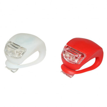 ECLAIRAGE VELO A PILE KIT SUR CINTRE/TIGE DE SELLE P2R SILICON 2 LEDS (KIT 2 PIECES) ROUGE ET BLANC LIVRE AVEC 2 PILES CR2032 (PILE 20h EN CLIGNOTANT ET 10h EN FIXE) 3700948091555