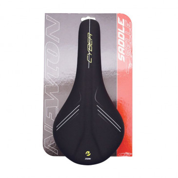 SELLE NEWTON ROUTE/VTT CYBER NOIR DECO JAUNE FLUO /BLANC 285x140mm RAIL ACIER GRIS 3700948102992