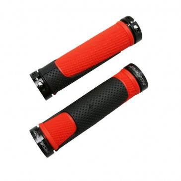 POIGNEE VTT PROGRIP 997 DOUBLE DENSITE OPEN END AVEC LOCK ON NOIR/ROUGE 130mm (LIVRE AVEC EMBOUTS) (PAIRE)