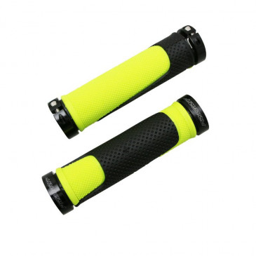 HAND GRIPS FOR MTB- PROGRIP ATV 997 -DUAL DENSITY- OPEN END + LOCK ON BLACK/YELLOW 125mm -SUPPLIED WITH NOZZLES-(PAIR)