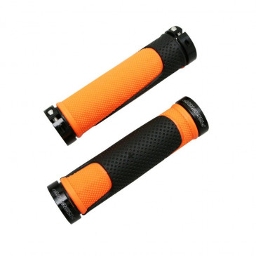 HAND GRIPS FOR MTB- PROGRIP ATV 997 -DUAL DENSITY- OPEN END + LOCK ON BLACK/ORANGE 130mm -SUPPLIED WITH NOZZLES-(PAIR)