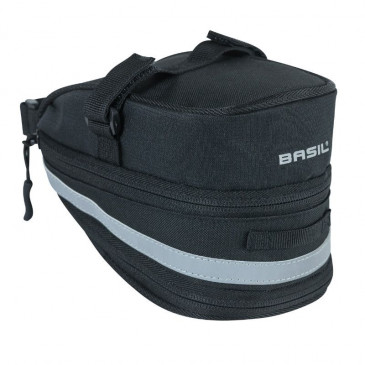 SACOCHE DE SELLE VELO BASIL MADA 1L NOIR FIXATION SANGLES SUR CHARIOT DE SELLE AVEC SOUFFLET 8715019170249