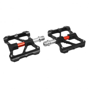 FLAT PEDAL - FOR BMX/MTB DOWNHILL - NEWTON - BLACK/ RED - CNC ALUMINIUM WITH BEARINGS - THREAD 9/16 - SILVER GRIP PINS (PAIR)