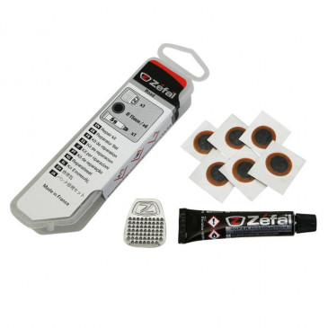 KIT REPARATION CHAMBRE A AIR ZEFAL ROUTE - BOITE (6 PATCHS 15mm + COLLE 5g + RAPE ACIER) AVEC NOTICE 3420581132094