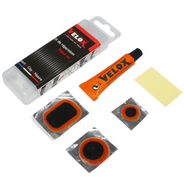 KIT REPARATION CHAMBRE A AIR VELOX CITY/VTC - BOITE (1 PATCH 15mm + 1 PATCH 25mm + 1 PATCH 24x34mm + COLLE 5g + RAPE ACIER) AVEC NOTICE 3660429113636