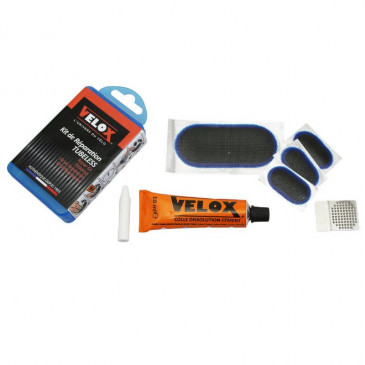 REPAIR KIT - FOR BICYCLE TUBELESS TYRE - MTB VELOX "FROM INSIDE"REPÄIR WITH PATCHES - IN BOX (3 PATCHS 32x16mm + 1 PATCH 75x35mm + GLUE 10g + STEEL SCRAPPER) WITH INSTRUCTIONS