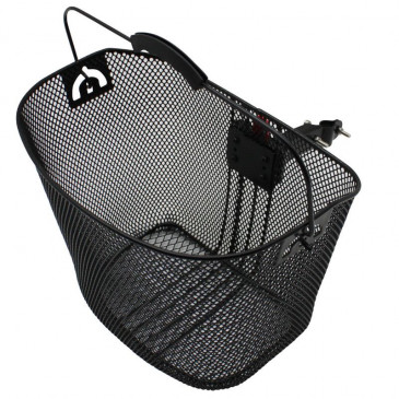 FRONT BASKET- STEEL MESH- P2R BLACK WITH HANDLE- QUICK RELEASE ON QUILL STEM (Lg35xL26xH27)