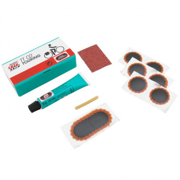 KIT REPARATION CHAMBRE A AIR TIP TOP TT02 TOURING BOITE (6 PATCHS F0 15mm + 1 PATCH F2 45x15mm + COLLE 5g + PAPIER PONCE) AVEC NOTICE (506 0100) 4003115060101