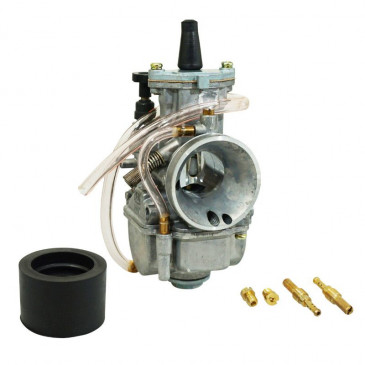 CARBURATEUR TYPE PWK 26 SILVER A BOISSEAU PLAT AVEC POWER JET ENTRE AIR POLI + COUDE TOURNANT + STARTER A TIRETTE -P2R- 3700948084656