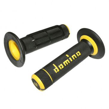 REVETEMENT POIGNEE DOMINO MOTO OFF ROAD A020 NOIR/JAUNE CLOSED END 120-123mm (PAIRE)