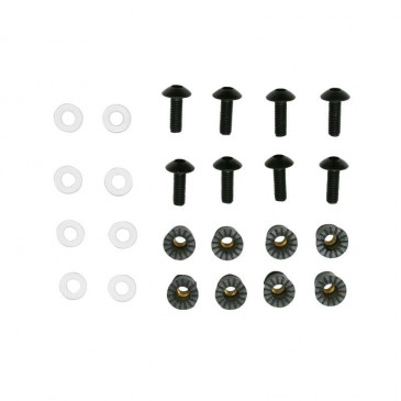 FAIRING KIT FASTENER - REPLAY - ALUMINIUM CROWNED SCREW M5X16 - BLACK + PLASTIC WASHERS + RUBBER CAPS (x8)