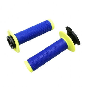 GRIP- PROGRIP OFF ROAD 708 TRIPLE DENSITY ELECTRIC BLUE/YELLOW FLUO 115mm ( LOCK ON) (SUPPLIED WITH 5 DIFFERENT THROTTLE CAMS) (PAIR) (CROSS/MX)