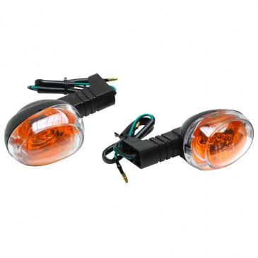 TURN SIGNAL FOR SCOOT MBK 50 BOOSTER 2004>/YAMAHA 50 BWS 2004>-REAR - TRANSPARENT/BLACK -CEE APPROVED- (PAIR) - -REPLAY-