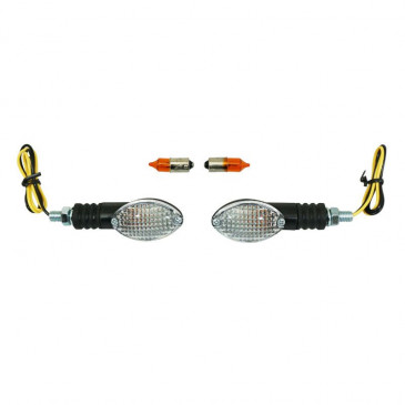 TURN SIGNAL (UNIVERSAL) REPLAY MINI OVAL SHAPED CLEAR/BLACK - WITH BA9S BULBS (PAIR) ** (L 75mm / H 28mm / Wd 38mm) 3700948114469