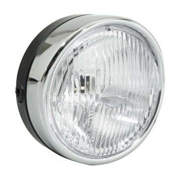 PHARE/PROJECTEUR CYCLO ADAPTABLE PEUGEOT/MBK ROND DIAM 140mm NOIR AVEC CASQUETTE CHROMEE (BA20d) -SELECTION P2R- 3701213420797