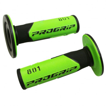 REVETEMENT POIGNEE PROGRIP MOTO OFF ROAD 801 DOUBLE DENSITE BASE NOIR/VERT CLOSED END 115mm (CROSS/MX) (PAIRE)