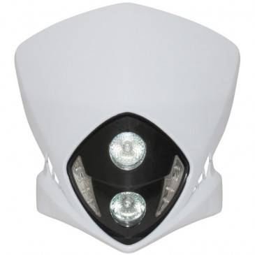 HEADLIGHT FAIRING FOR 50cc MOTORBIKE REPLAY DUKE -WHITE WITH CLEAR LEDS + HALOGEN BULBS 2x20W