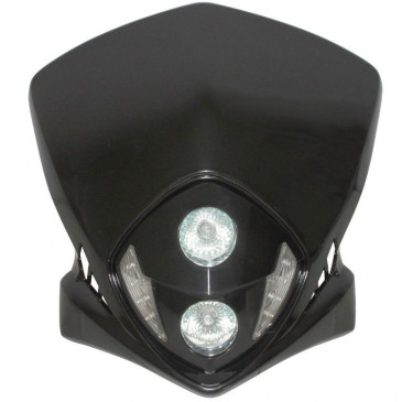 HEADLIGHT FAIRING FOR 50cc MOTORBIKE REPLAY DUKE - BLACK WITH CLEAR LEDS + HALOGEN BULBS 2x20W 3700948040195