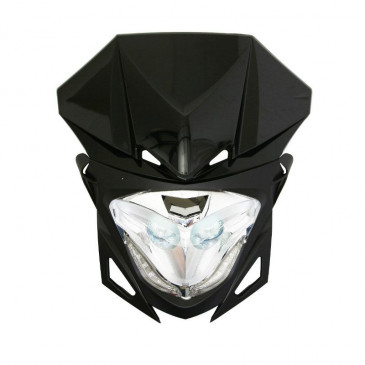 HEADLIGHT FAIRING FOR 50cc MOTORBIKE REPLAY RR8 BLACK/CHROME WITH CLEAR LEDS 3700948040355