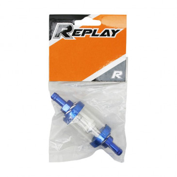 FUEL FILTER REPLAY CYLINDRICAL ALUMINIUM - TRANSPARENT/BLUE Ø6mm (SOLD BY UNIT)