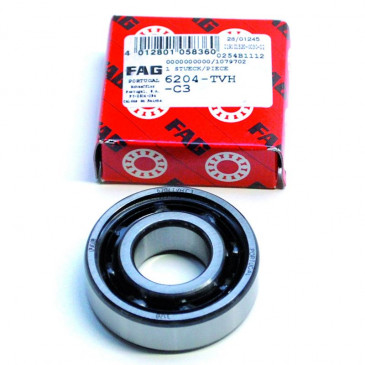ROULEMENT D'EMBIELLAGE 6204 (20x47x14) FAG TVH C3 CAGE HAUTE VITESSE ADAPTABLE MBK 50 BOOSTER/YAMAHA 50 BWS/DERBI 50 SENDA/PEUGEOT 50 LUDIX, 103/CPI 50 ARAGON, OLIVER/KEEWAY 50 FOCUS (VENDU A L'UNITE) 4012802383614