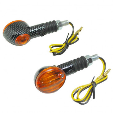 TURN SIGNAL (UNIVERSAL) REPLAY MICRO OVAL SHAPED- ORANGE/CARBON WITH INDICATOR- SHORT -CEE APPROVED- (PAIR) (BULB 12V 21W BA9S) (L 70mm / H 30mm / Wd 36mm)