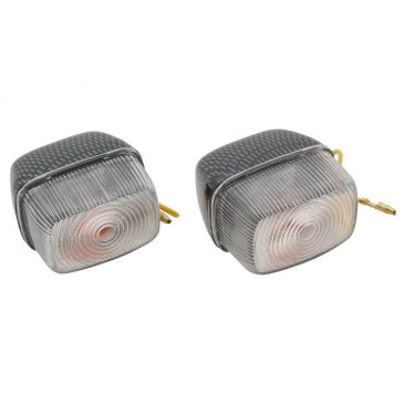 TURN SIGNAL FOR SCOOT MBK 50 BOOSTER 1990>2003/YAMAHA 50 BWS 1990>2003 - FRONT - TRANSPARENT/CARBON (PAIR) * -REPLAY-