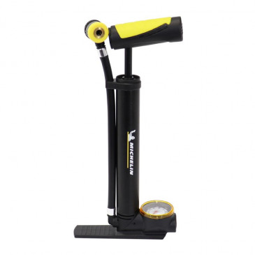 FLOOR PUMP -MINI VTT MICHELIN -WITH PRESSURE GAUGE- RESIN+ALUMINIUM FOLDABLE BASE - 8 BARS VP/VS - T SHAPED HANDLE