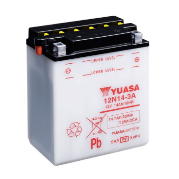 BATTERIE 12V 14 Ah 12N14-3A YUASA CONVENTIONNELLE AVEC ENTRETIEN (Lg134xL89xH166mm)