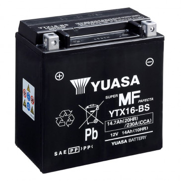 BATTERIE 12V 14 Ah YTX16-BS YUASA MF SANS ENTRETIEN LIVREE AVEC PACK ACIDE (Lg150xL87xH161mm) 5050694004520