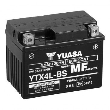 BATTERIE 12V 3 Ah YTX4L-BS YUASA MF SANS ENTRETIEN LIVREE AVEC PACK ACIDE (Lg114xL71xH86mm)