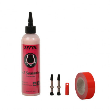 PUNCTURE PROTECTION SEALANT KIT- ZEFAL Z-SEALANT TUBELESS/TUBETYPE (240ml) WITH ADHESIVE RIM TAPE 9M x 36mm + 2 VALVES TUBELESS PRESTA 40mm