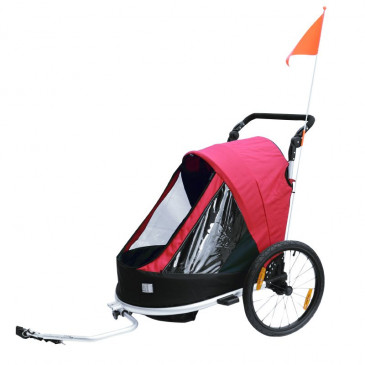REMORQUE VELO ENFANT - POUSSETTE COUVERTE 2 PLACES EN ALU MAXI 36Kg COLORI ROUGE AVEC ROUES 20" -FIXATION AXE DE ROUE - LIVRE AVEC ROUE AVANT ET POIGNEE FREIN - PLIABLE SANS OUTIL - L0.80m x l0.70m 3700948209103