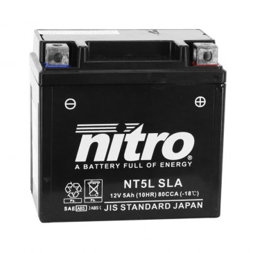 BATTERIE 12V 5 Ah NT5L NITRO SLA SANS ENTRETIEN PRETE A L'EMPLOI (Lg114xL71xH106mm) (EQUIVALENT YTC5L-BS) (PEUGEOT 50 KISBEE 4T) 