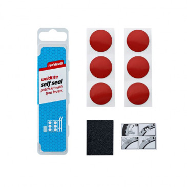 KIT REPARATION CHAMBRE A AIR WELDTITE RED DEVILS AVEC RUSTINES AUTOCOLLANTES/AUTOADHESIVES ROUGES - BOITE (6 RUSTINES AUTOADHESIVES 25mm + PAPIER PONCE) AVEC NOTICE 5013863010364