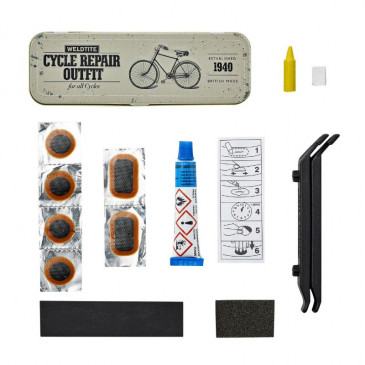 REPAIR KIT - FOR BICYCLE INNER TUBE- WELDTITE 1940 VINTAGE METAL (6 PATCHS 25mm + GLUE 5g + SCRAPPER + RUBBER STRAP) WITH INSTRUCTIONS MANUAL (FREE DISPLAY FOR A 24 PIECES ORDER)