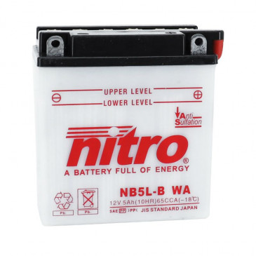 BATTERIE 12V 5 Ah NB5L-B NITRO CONVENTIONNELLE AVEC ENTRETIEN (Lg120xL60xH130mm) (EQUIVALENT YB5L-B)