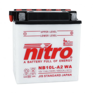 BATTERY 12V 11 Ah NB10L-A2 WA NITRO - WITH MAINTENANCE SUPPLIED WITH ACID PACK (Lg135x90x145) (EQUALS YB10L-A2)