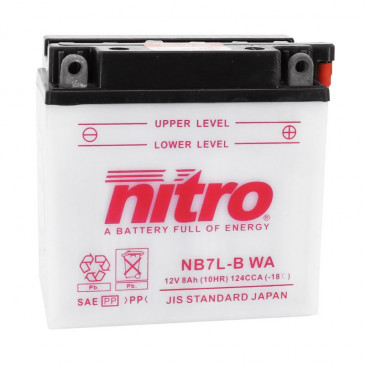 BATTERIE 12V 8 Ah NB7L-B NITRO CONVENTIONNELLE AVEC ENTRETIEN (Lg135xL75xH133mm) (EQUIVALENT YB7L-B)