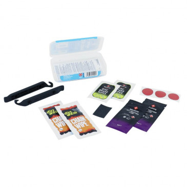 KIT REPARATION CHAMBRE A AIR / ENTRETIEN WELDTITE AVEC RUSTINES ET DEMONTES PNEU, 2 SACHETS 5mL LUBRIFIANTS TEFLON, 2 LINGETTES NETTOYANTS CHAINE ET 2 LINGETTES NETTOYANTS DISQUE 5013863010401