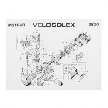 EXPLODED DRAWING/PART LIST -ENGINE FOR SOLEX 3800 (400x300mm). -SELECTION P2R-