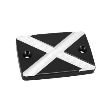 FRONT BRAKE FLUID RESERVOIR CAP - FOR YAMAHA 700 MT-07 ALU CNC ANODIZED BLACK/WHITE CROSS PATTERN -AVOC-