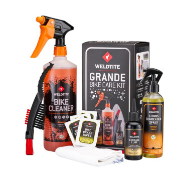WELDTITE GRANDE BIKE CARE KIT - Contains 1 BIKE CLEANER SPRAY 1lt, 1 DEGREASER SPRAY 250ml, 4 DISC BRAKE WIPES, 1 CERAMIC LUBE, 1 WIPE and ET 1 BRUSH (for carbon, alu frames) 5013863031062