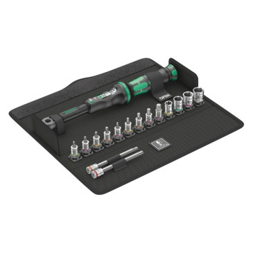 CLE DYNAMOMETRIQUE WERA BICYCLE TORQUE A5 CARRE 1/4 SERRAGE DE 2,5 A 25 Nm AVEC DOUILLES ET EMBOUTS (DEBRAYABLE) NOIR/VERT (SET 16 PIECES) -MARQUE ALLEMANDE POUR LES ATELIERS- 4013288207685