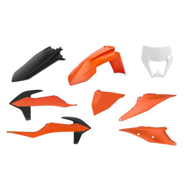 FAIRINGS/BODY PARTS FOR KTM 250, 300 EXC, 250, 350, 450, 500 EXC-F, 250, 300 XC-W, 250, 300 XCF-W 2020> Orange KTM/White/Black - (OEM color) (8 parts kit) -POLISPORT-