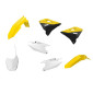 CARROSSERIE/CARENAGE MOTO MX RESTYLING SUZUKI 125, 250 RM 2001>2008 JAUNE/BLANC (COULEUR OEM) (KIT PLASTIQUES 7 PIECES) -POLISPORT-